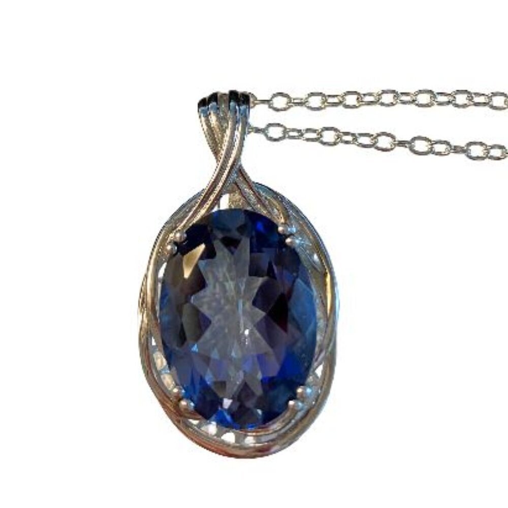 Handcrafted Multifaceted Simulated Sapphire With Silver Plated Chain